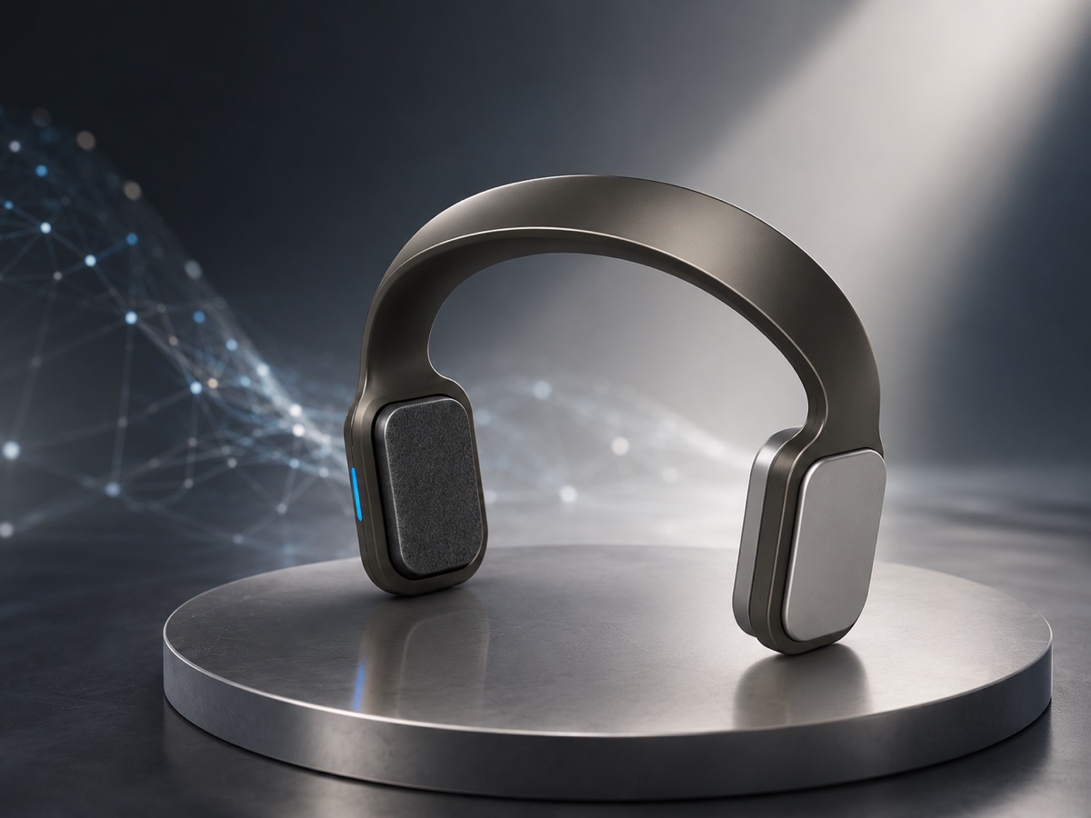 A product render of the L:BRN neuromodulation headset: a slim brushed-metal band with two soft contact pads, lit on a circular plinth.